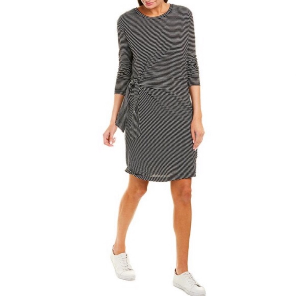 Vince Side Tie Striped Crew Neck Long Sleeve Cotton Midi Dress Black Cream M NWT